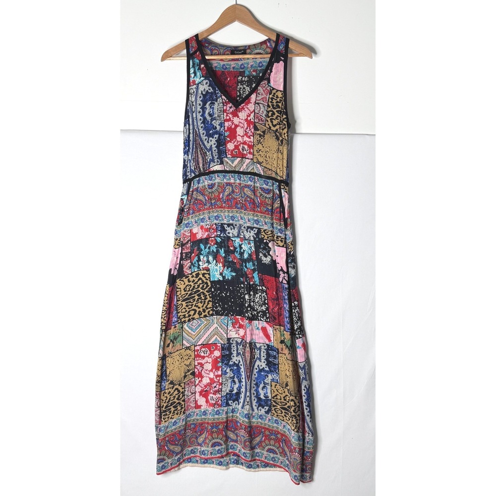 Tolani 100% Silk Patchwork Maxi Dress Sz S Pockets Floral‎ Boho Cottage Fairy
